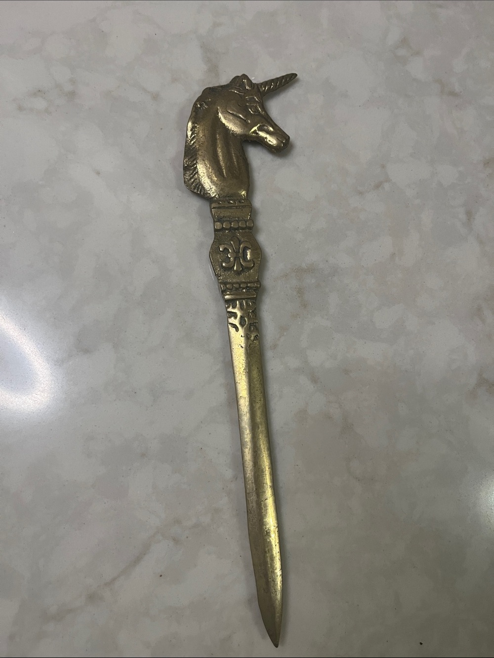 Vintage Brass Unicorn Letter Opener Art Deco Mid Century Fantasy Fleur De Lis 9"